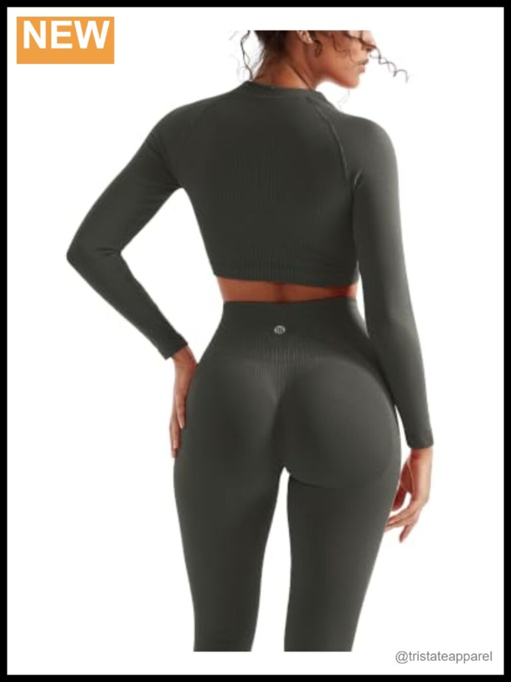 Seamless Ribbed Workout Set Leggings Long Sleeve Crop Top Yoga Gym